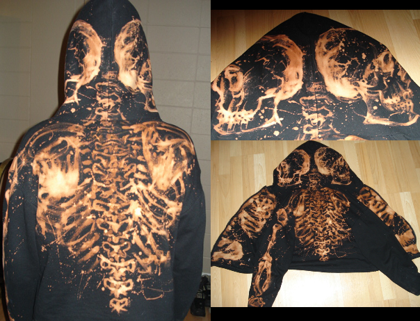 Three-view presentation of the Bleach Bones hoodie with hand-painted skeleton anatomy across the hood, back and sleeves