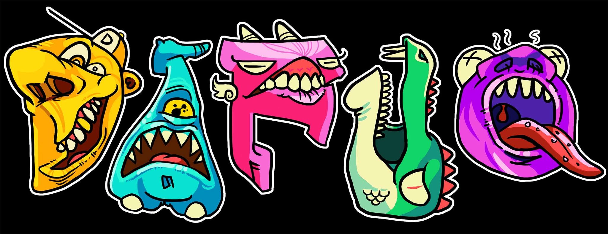Final DAFUQ logo with five colorful monster letterforms on black