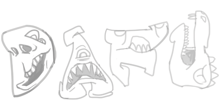 Early gray line drawing exploring the DAFUQ monster letterforms