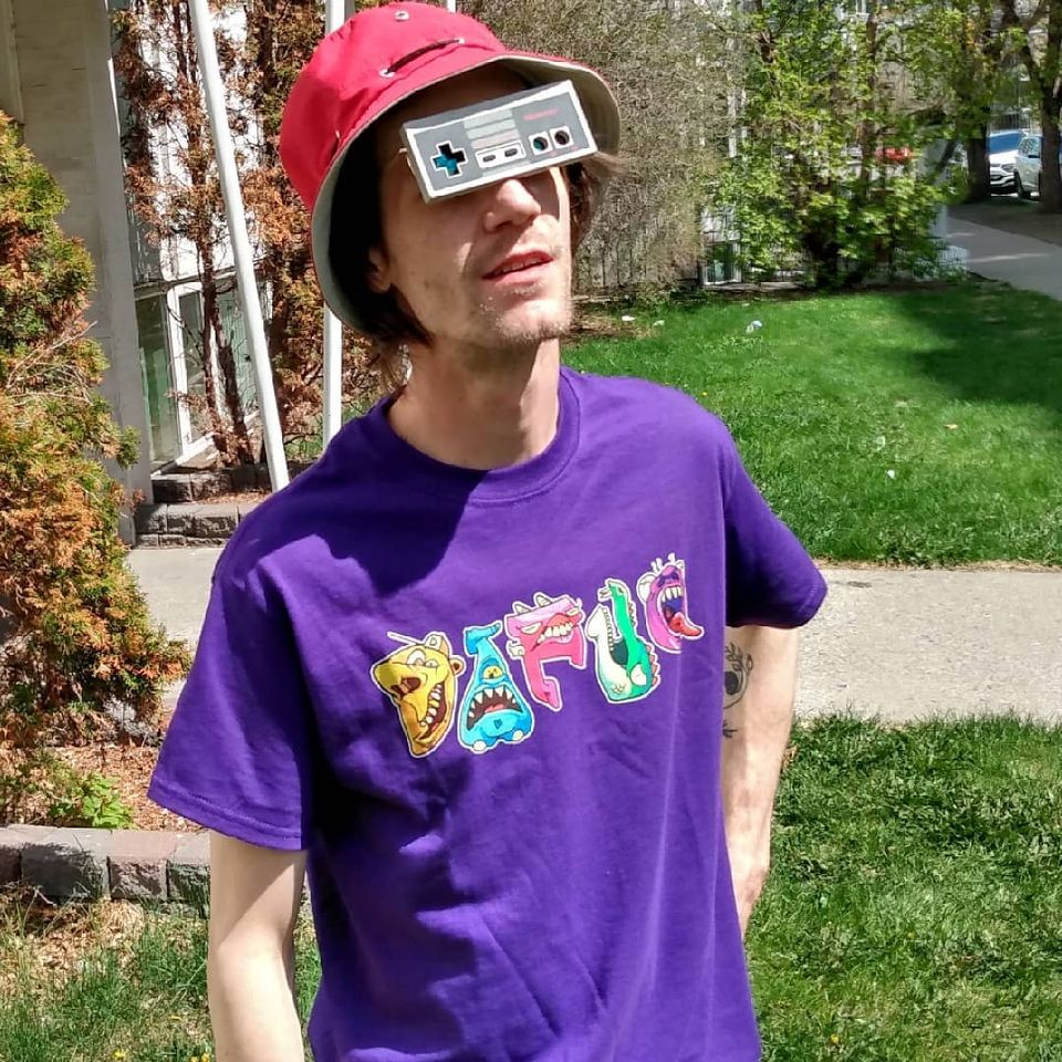 Model wearing the released purple DAFUQ monster-letter T-shirt