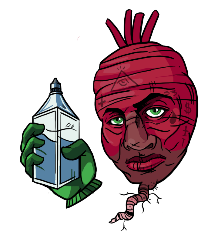 Finished Fermented Beets Orchestra logo with a red beet character and green diamond lettering on black