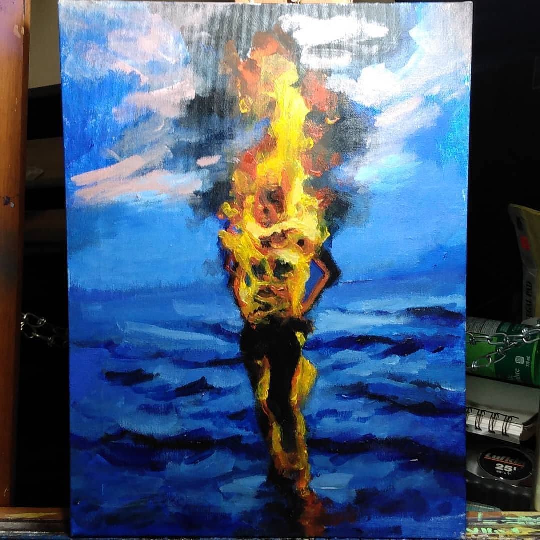 Painting of a torch-like burning figure against a blue background