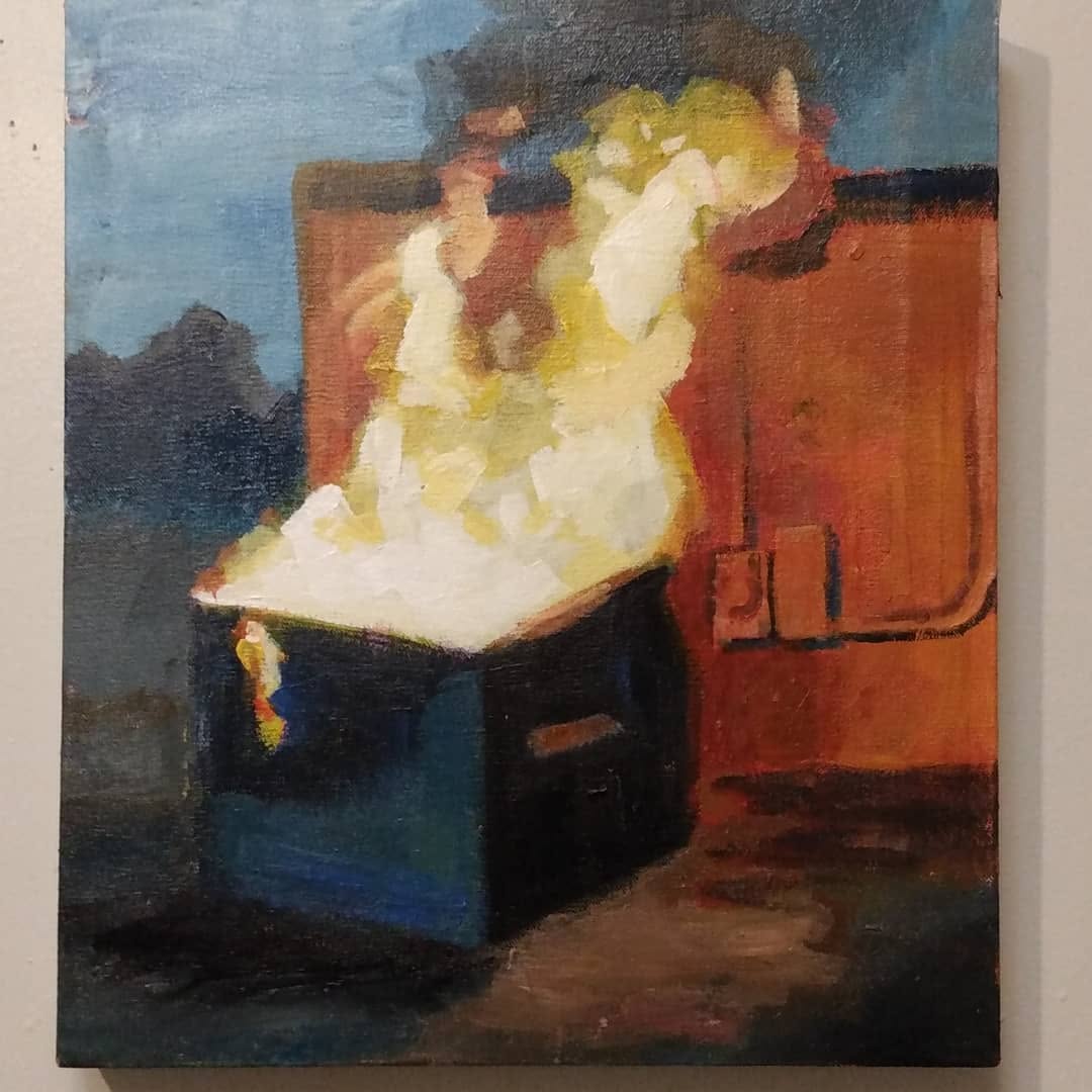 Painting of a dumpster fire beside an orange door