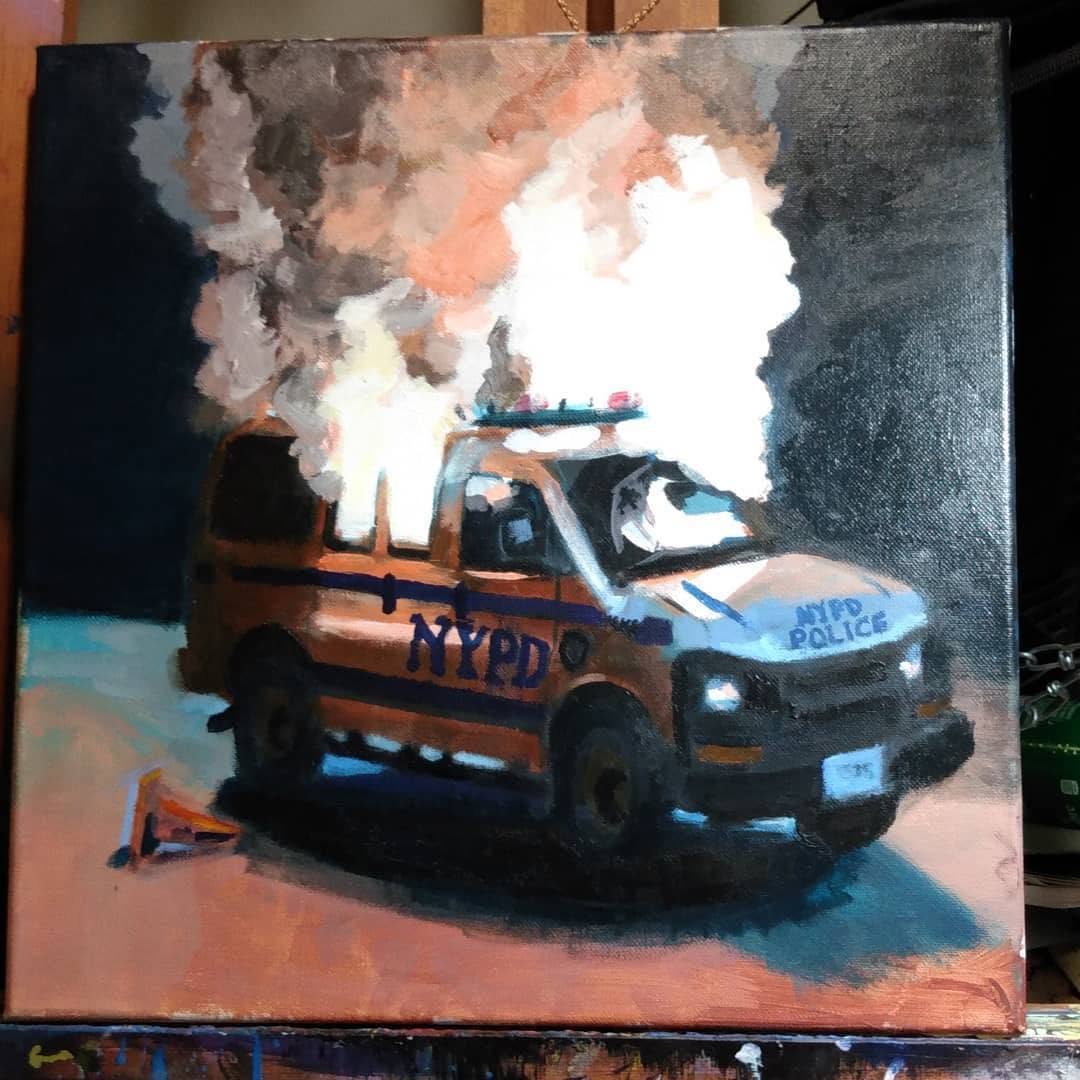 Painting of an NYPD van on fire against a dark background
