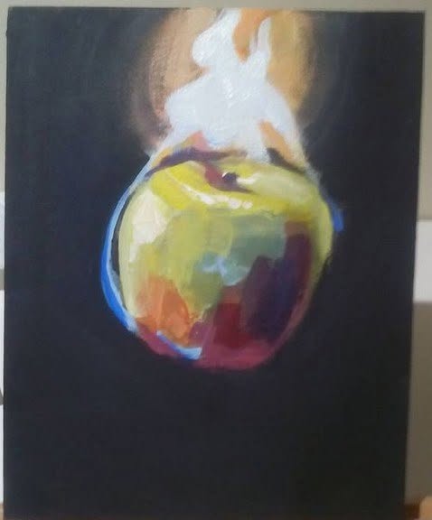 Painting of an apple burning with a pale flame