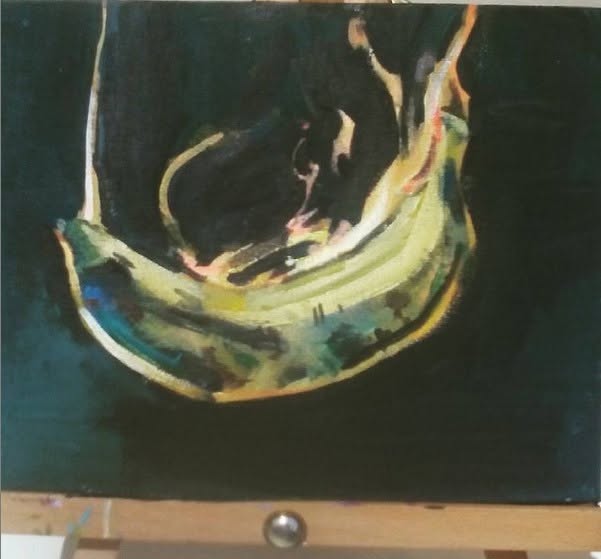 Painting of a banana burning against a dark background