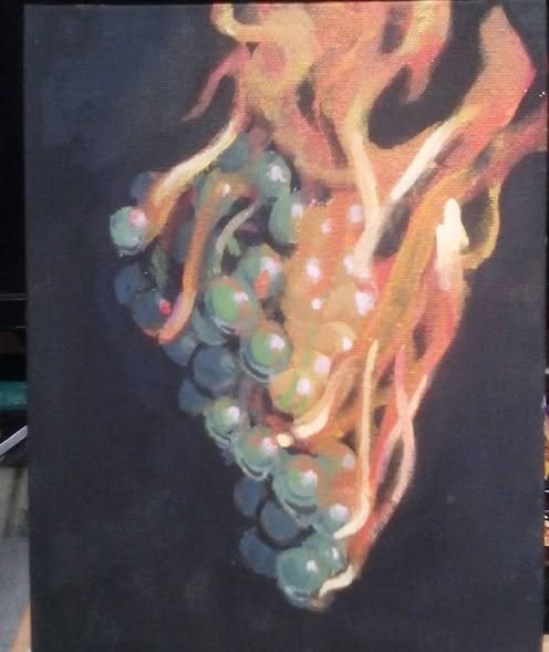Painting of a bunch of grapes engulfed in orange flames