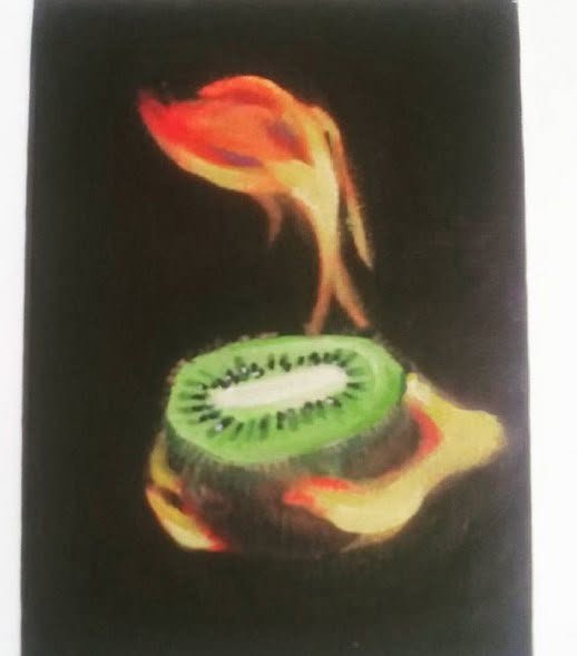Painting of a sliced kiwi burning against a dark background