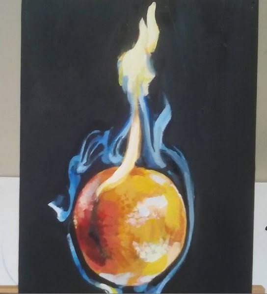 Painting of an orange surrounded by blue and yellow flame