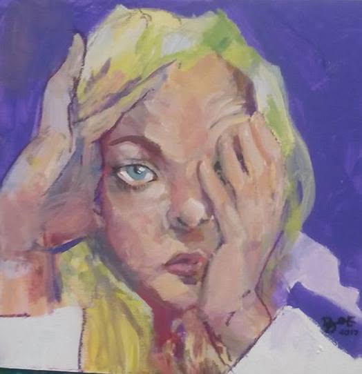 Expressive portrait study of a blonde person resting their face in their hands