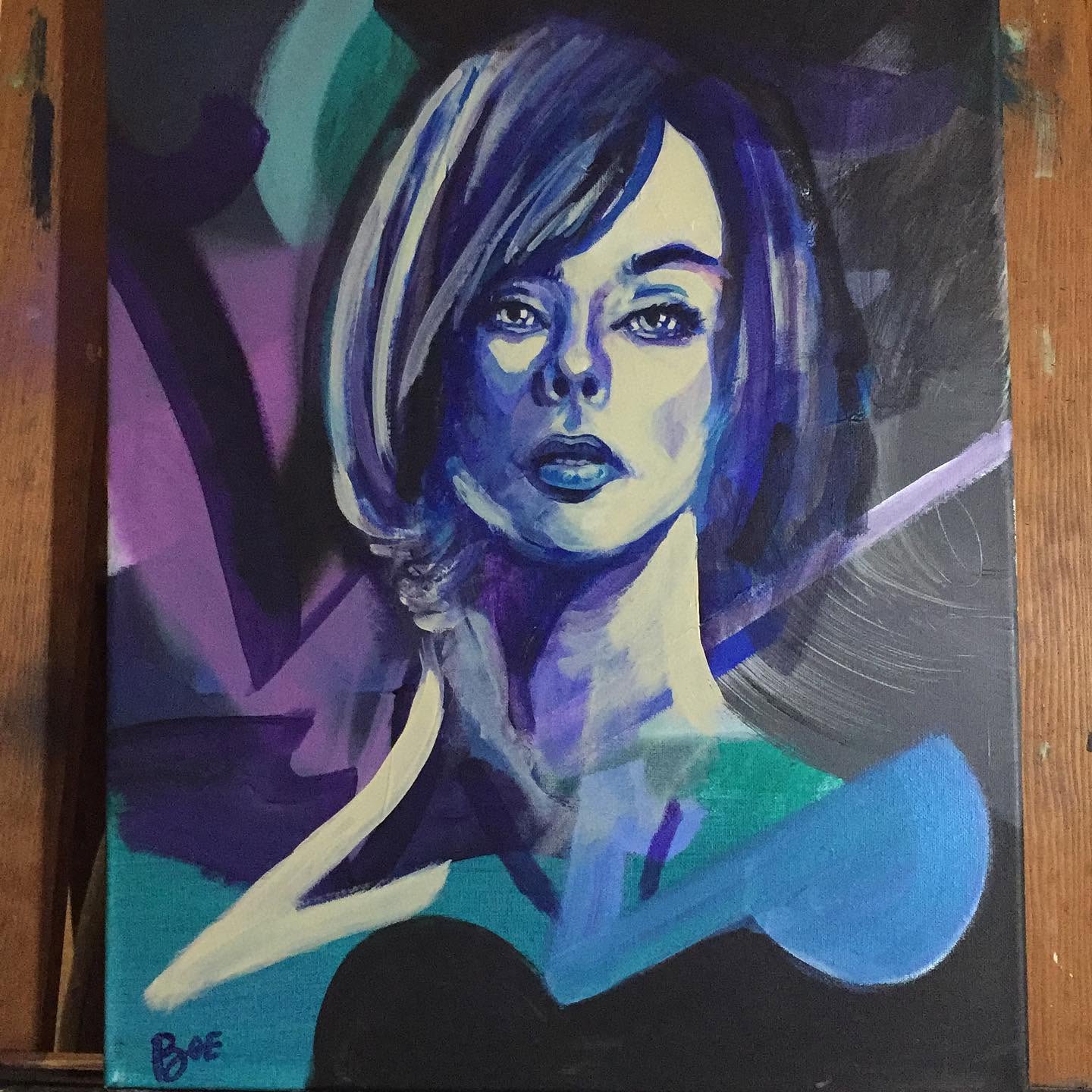 Blue and violet portrait study with angular abstract shapes