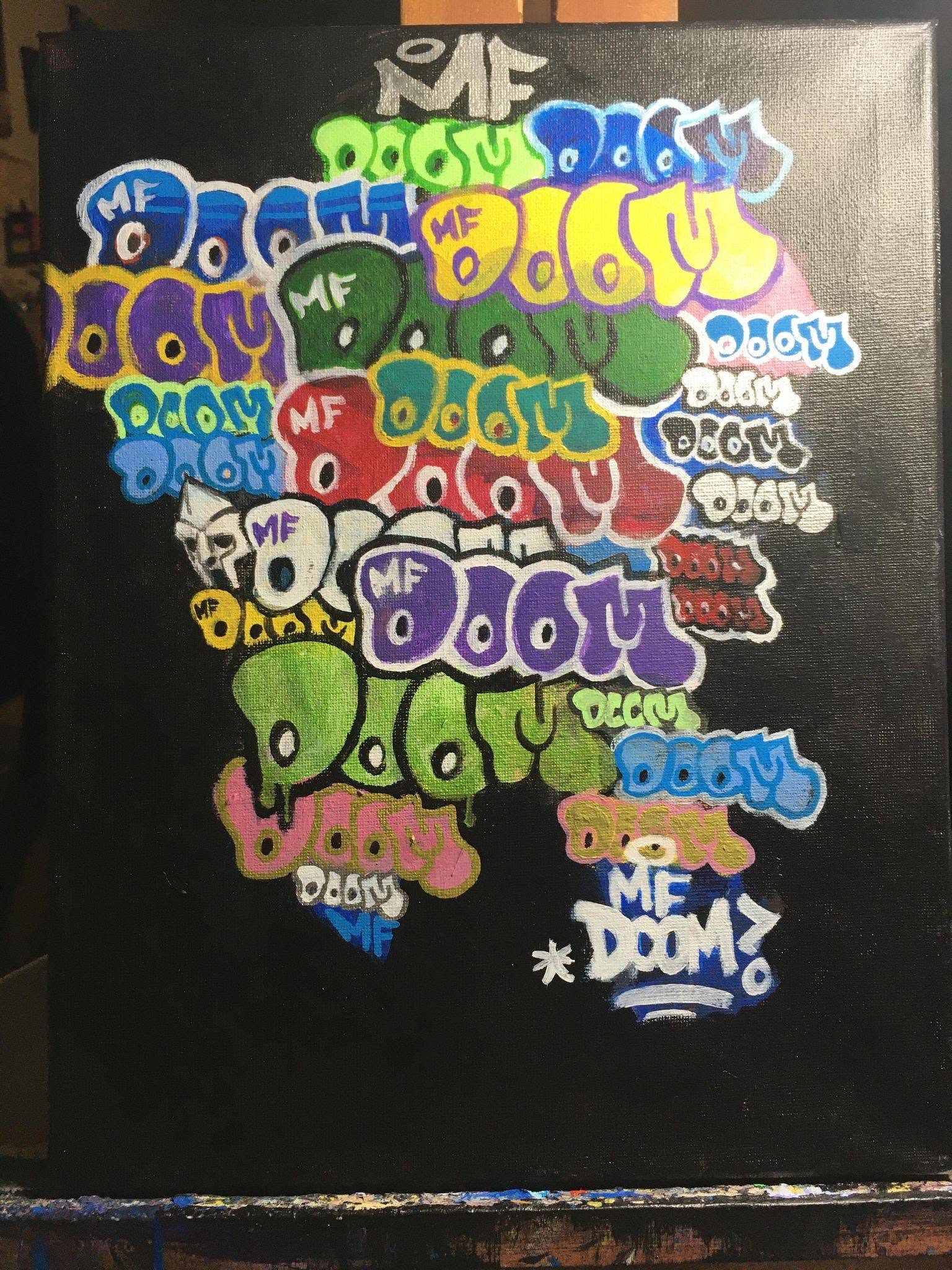 MF DOOM lettering study with layered colourful throw-up forms
