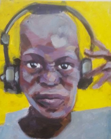 Portrait study of a person wearing headphones against a yellow background