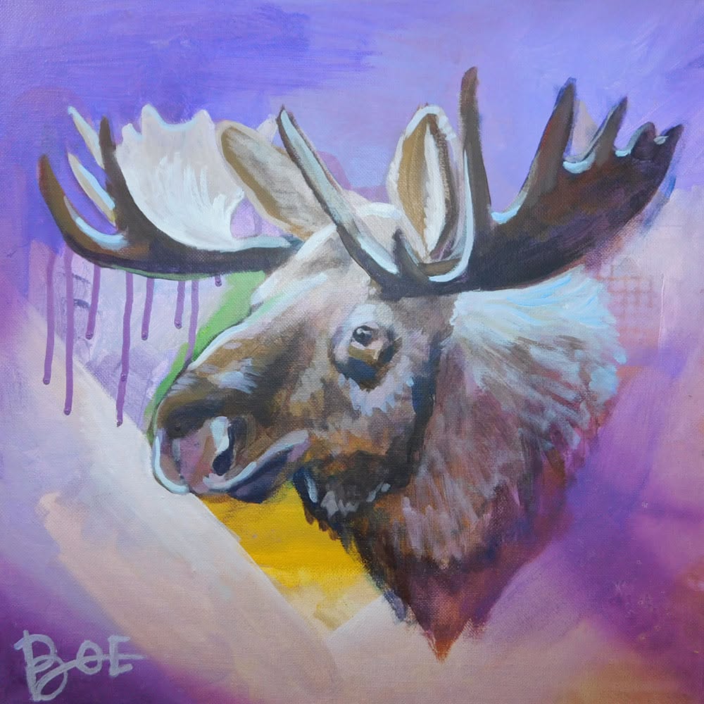 Painted moose head against a loose purple and yellow background