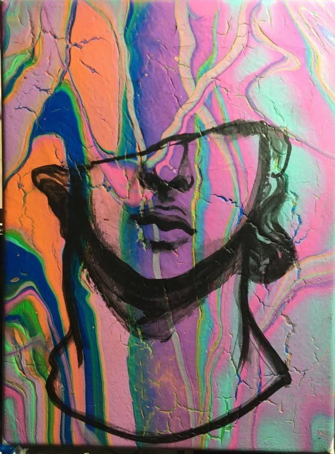 Minimal black line portrait painted over a pink, orange, blue and green acrylic-pour background