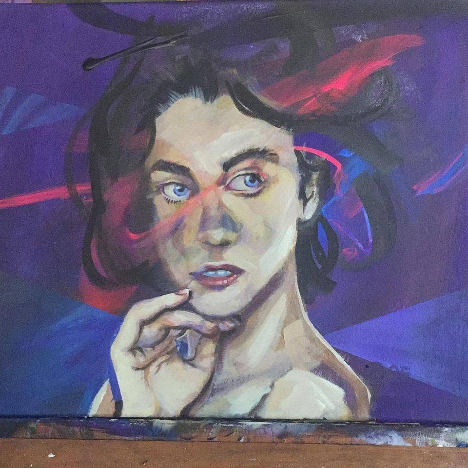 Portrait study in violet and blue with sweeping red marks across the face