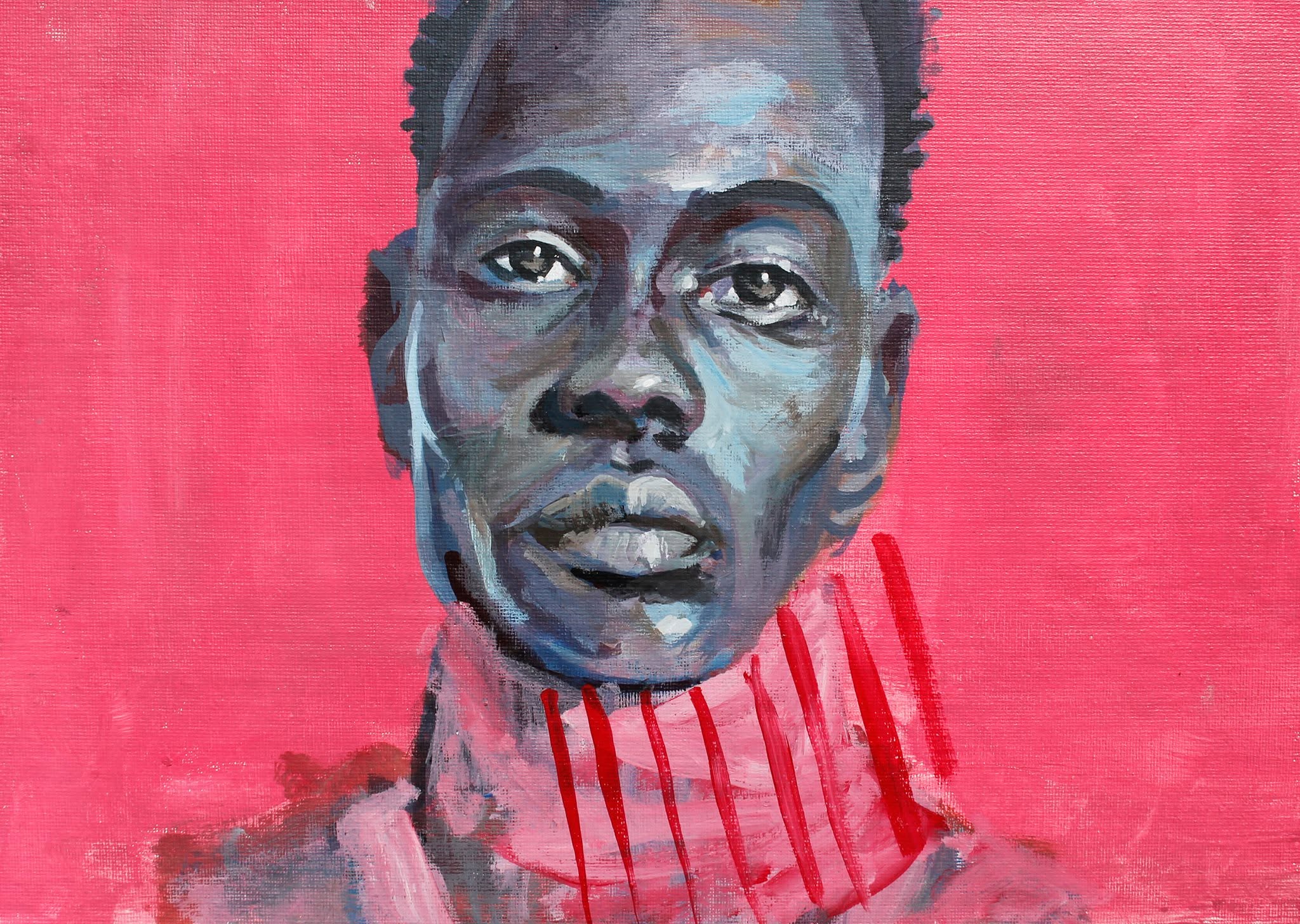 Portrait rendered in cool gray-blue tones against red