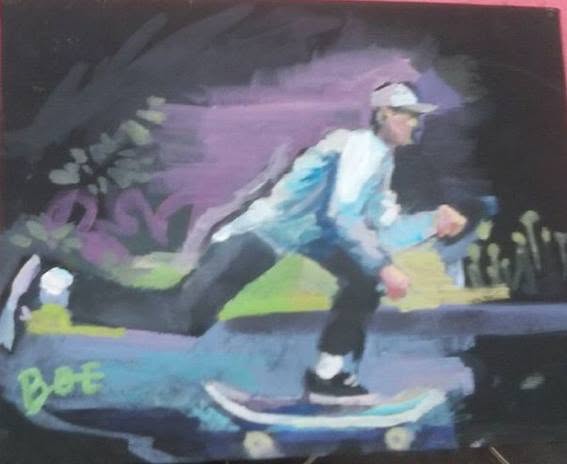 Loose painting of a skateboarder pushing through a dark streetscape