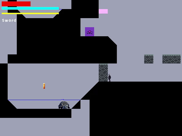 Current gameplay screenshot from The Walled Garden showing the player, a creature, a sword interface and a cavern platform environment