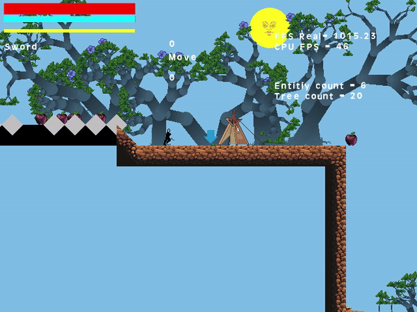 Current-engine gameplay showing the procedural tree and fruit system