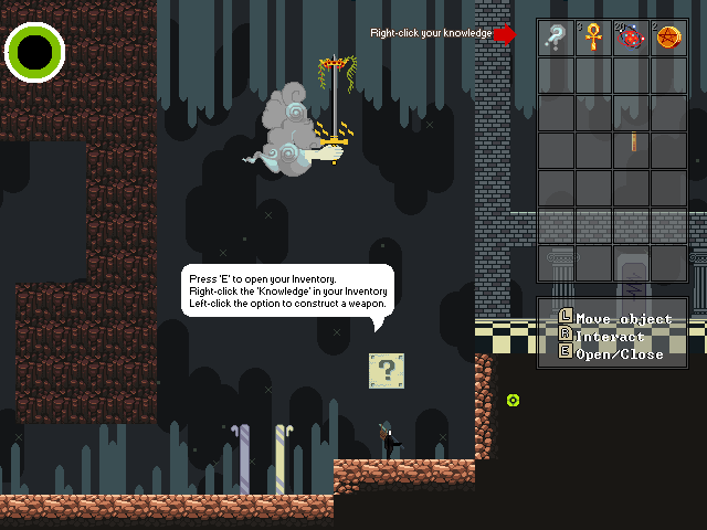 The Walled Garden gameplay with an inventory interface, dialogue prompt and winged creature in a cavern